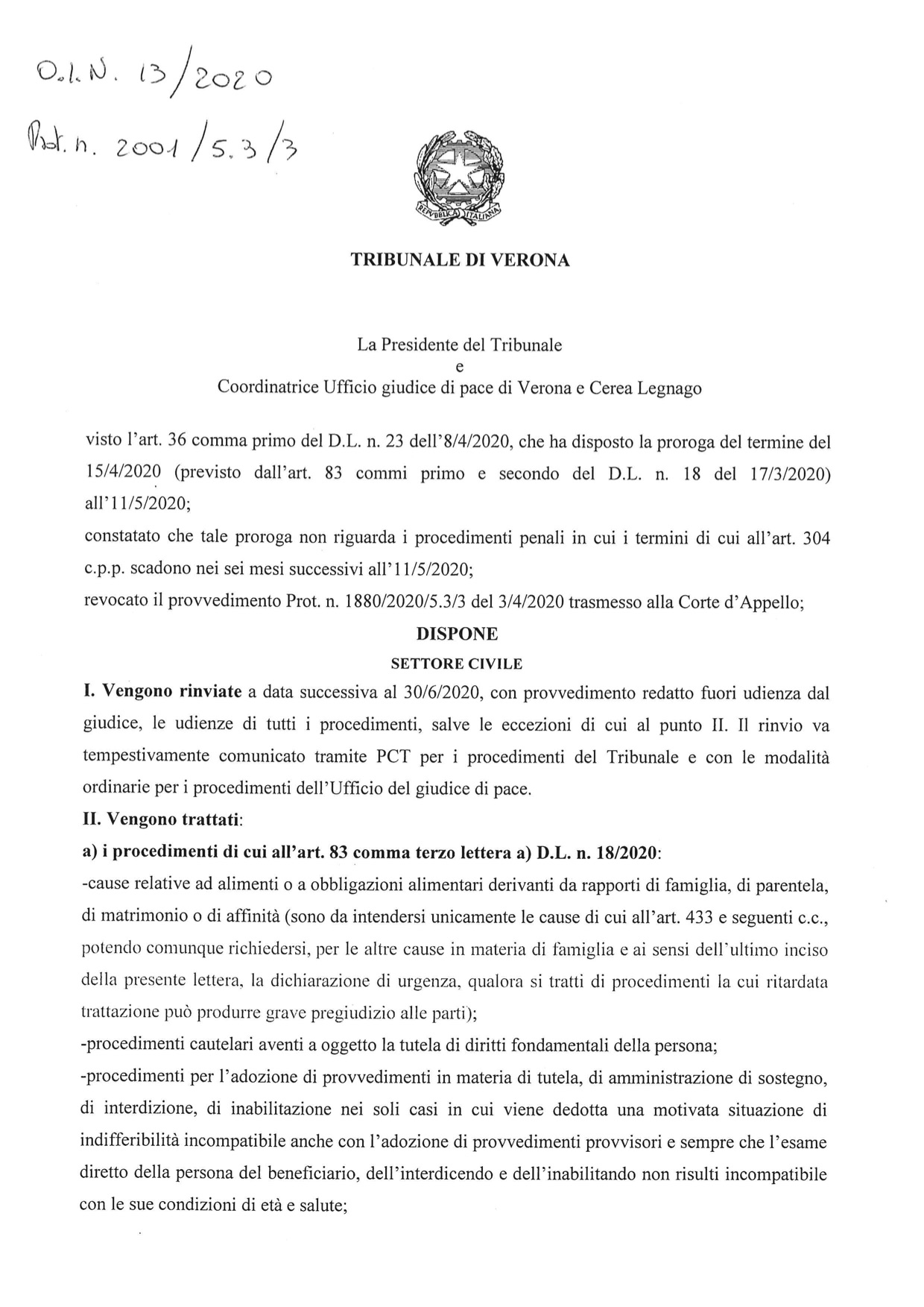 Provvedimento Presidente Tribunale di Verona n. 13 del 9 aprile 2020